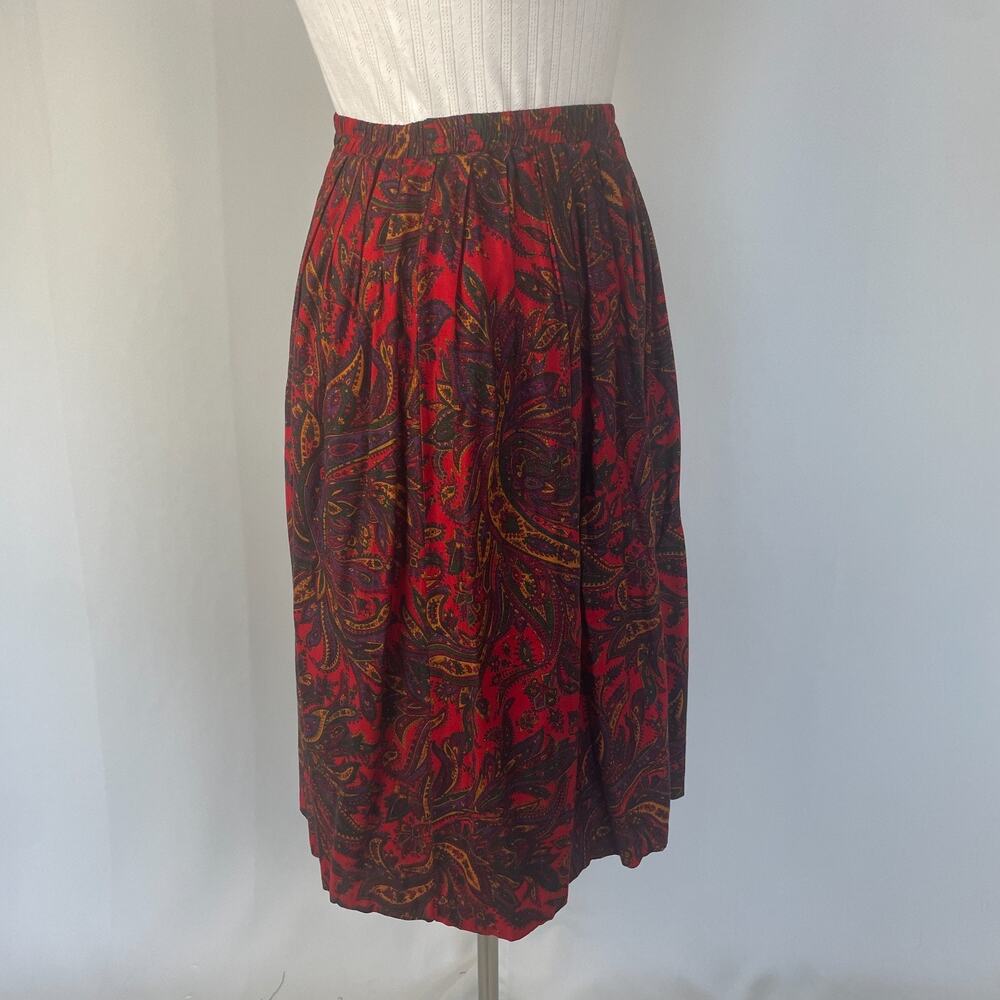 Vintage Midi Skirt Size 10 Red Paisley Pleated A Line Retro Preppy Academia 90s - Picture 6 of 12